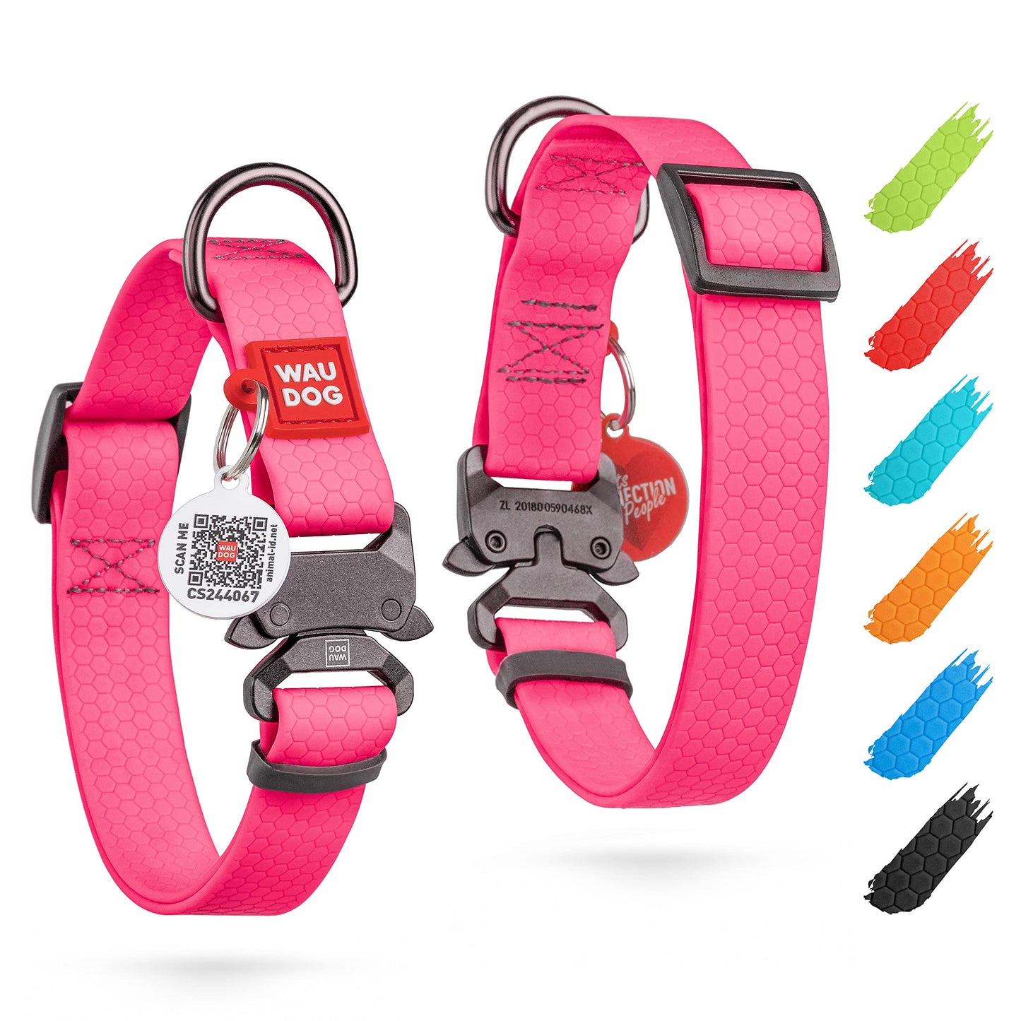 WAUDOG Waterproof Dog Collar - Adjustable Dog Collar for Large Dogs Small and Medium Dogs - Heavy Duty Dog Collars with Durable Metal Clasp and QR Dog Tag - Boy & Girl Dog Collars (Pink)