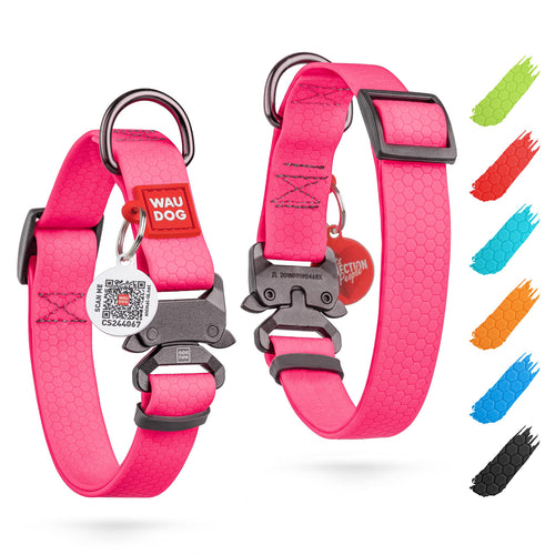 WAUDOG Waterproof Dog Collar - Adjustable Dog Collar for Large Dogs Small and Medium Dogs - Heavy Duty Dog Collars with Durable Metal Clasp and QR Dog Tag - Boy & Girl Dog Collars (Pink)